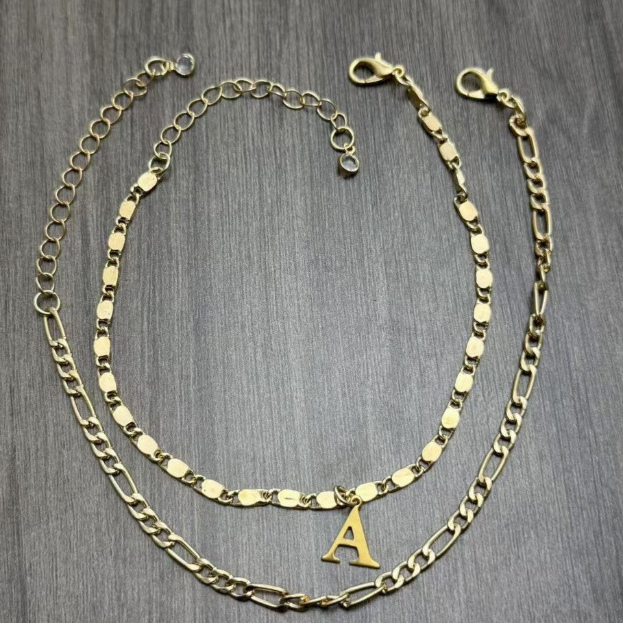 Gold Initial Letter Anklet – Double Layer Twin Chain for Women