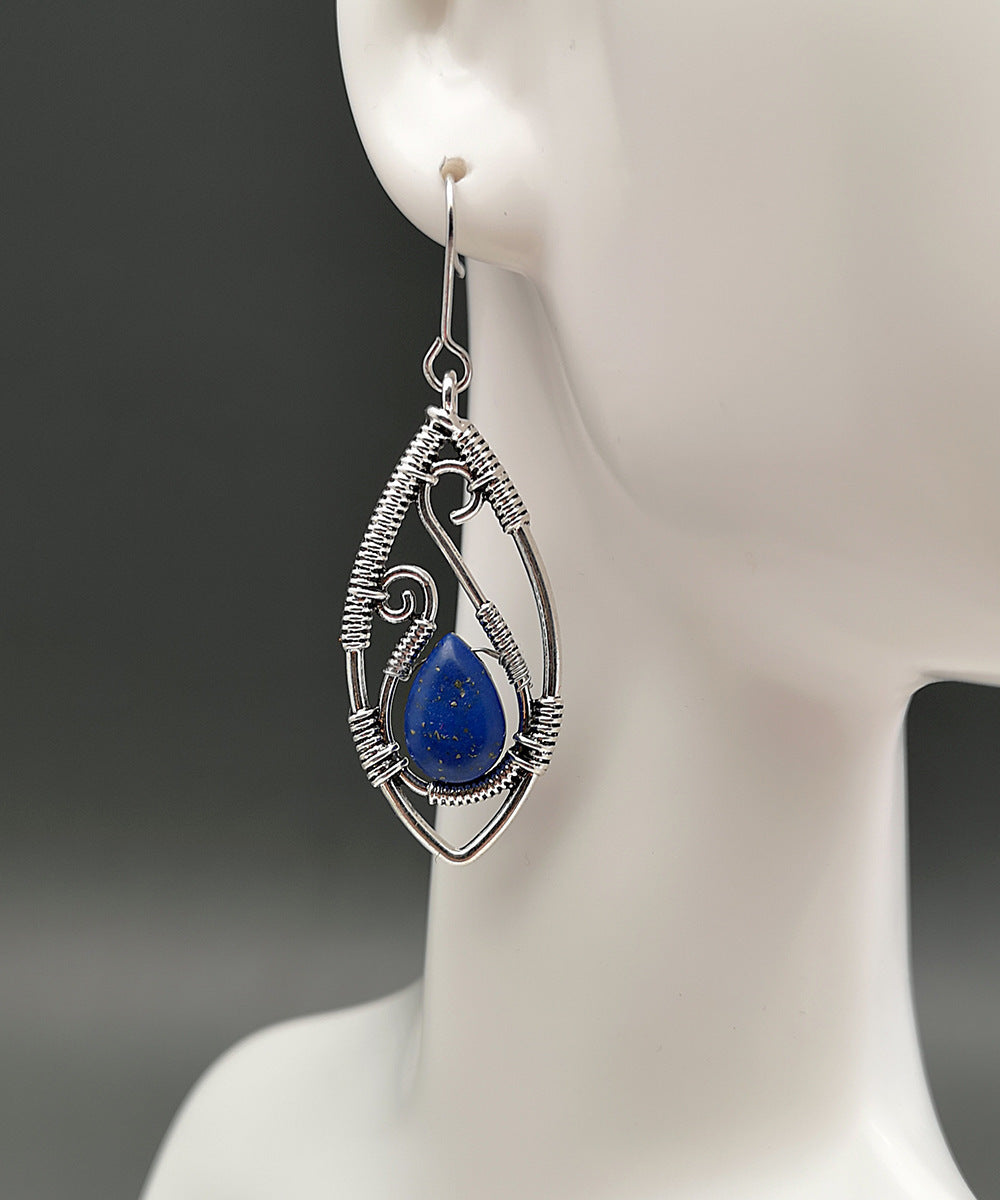 Creative Lapis Retro Silver Earrings – Turquoise String Winding Design for Women