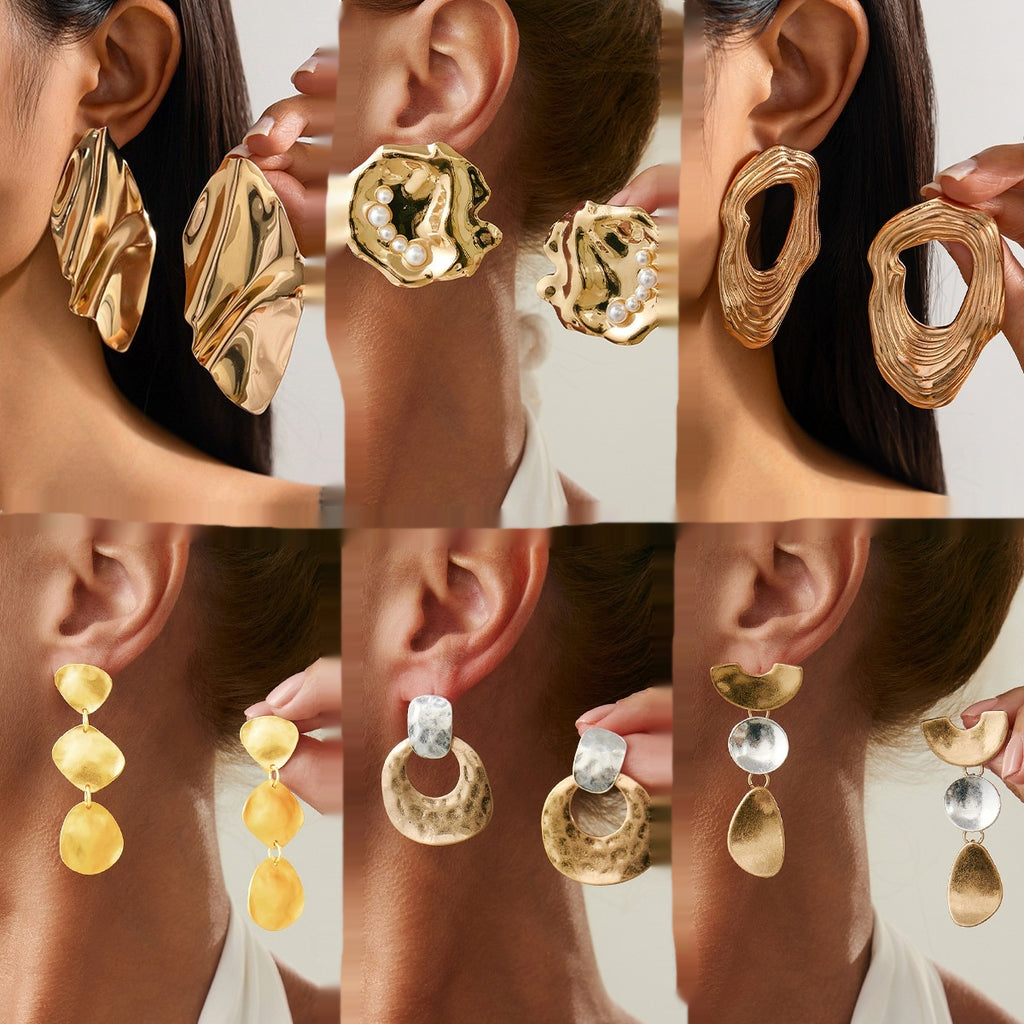 Fashion Metal Earrings – Glossy Pleated Irregular Geometric Design for Women