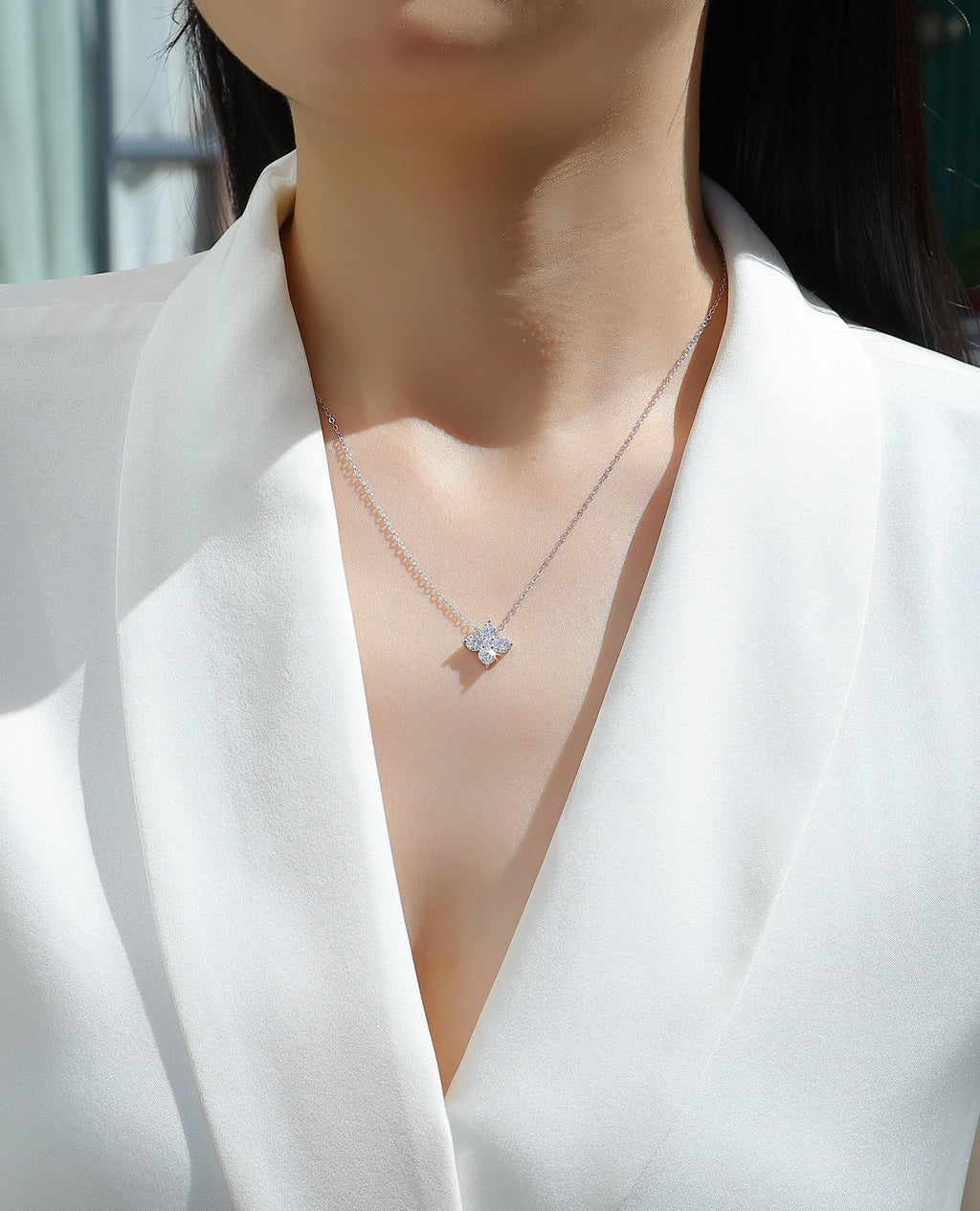 Lucky Four-Leaf Clover Pendant Set – Moissanite S925 Sterling Silver with Platinum Plating: