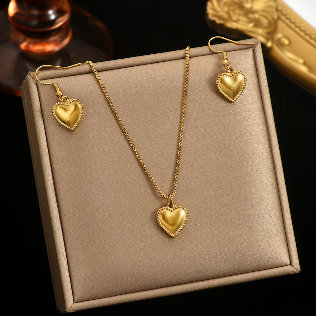 Luxury 18K Gold-Plated Stainless Steel Puffy Heart Pendant Necklace & Earrings Set – Women’s Jewellery