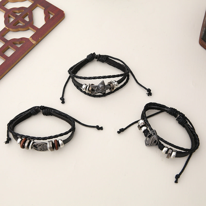 Hand-Woven Leather Bracelet Set – 6-Piece Unisex Classic Style