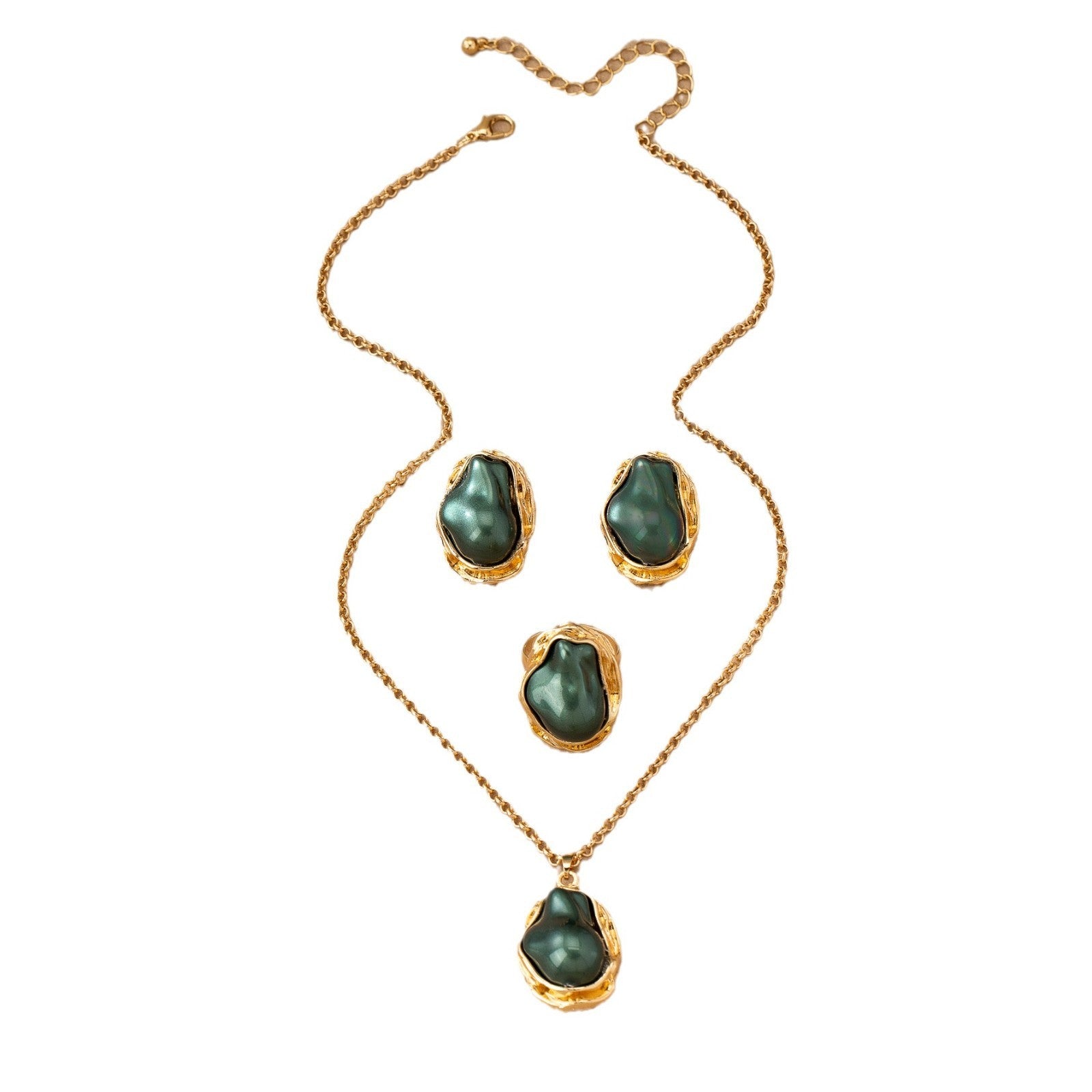 Retro Green Pearl Jewelry Set – Necklace, Earrings & Ring