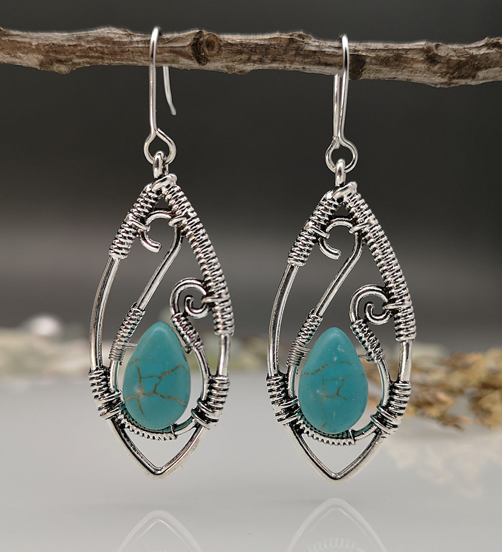 Creative Lapis Retro Silver Earrings – Turquoise String Winding Design for Women