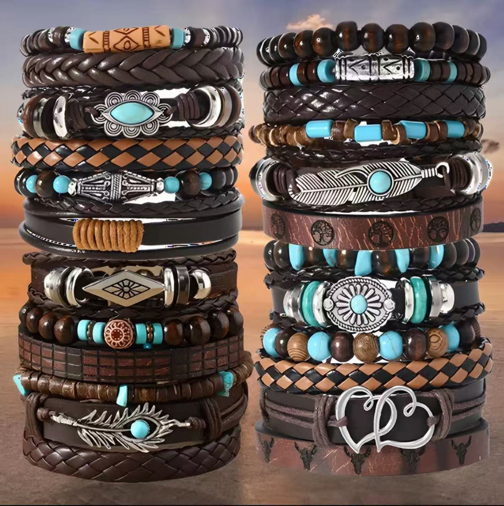 Multi-Layer Peacock Feather Bracelet – Woven Leather Diamond Accent