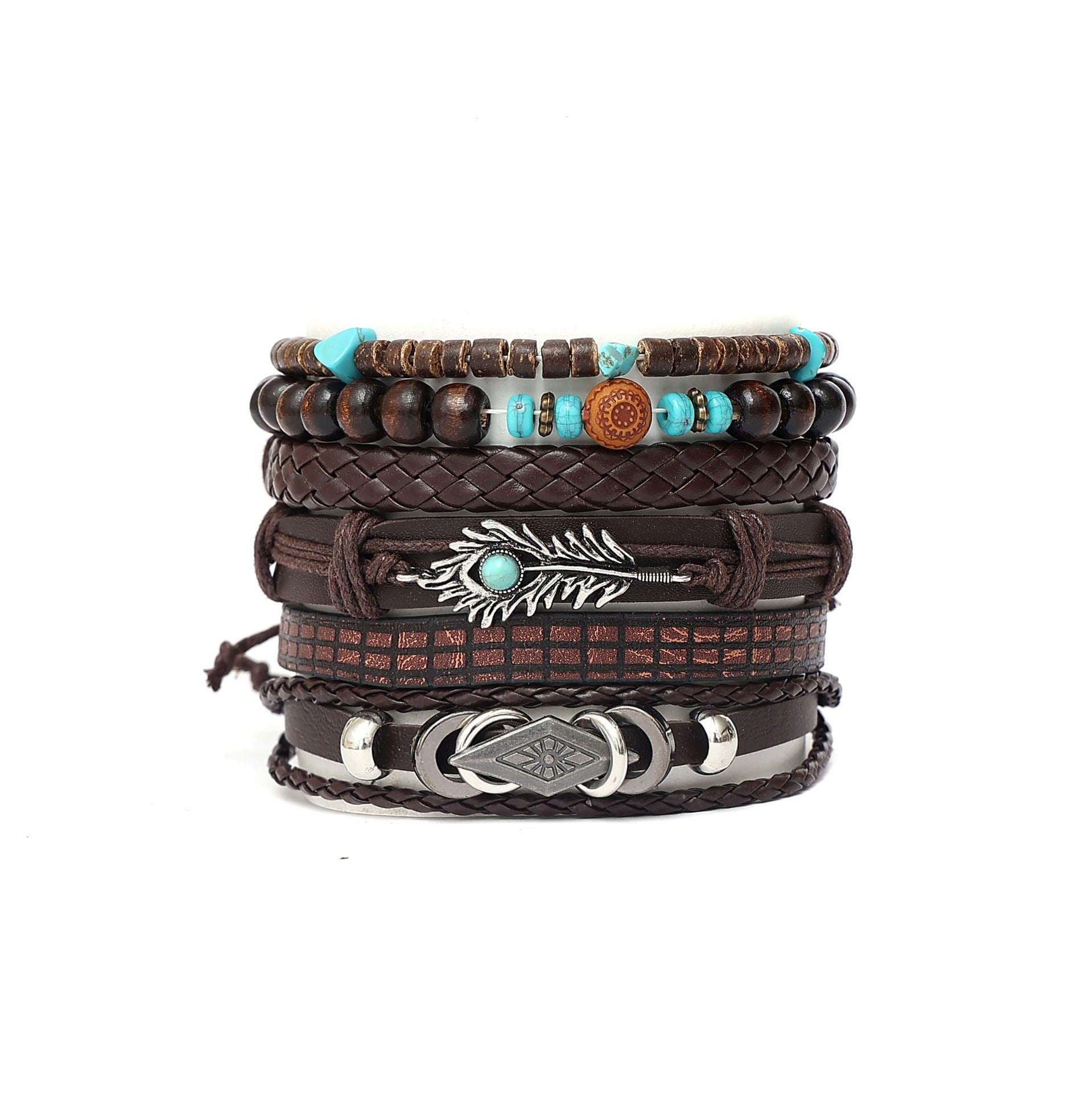 Multi-Layer Peacock Feather Bracelet – Woven Leather Diamond Accent
