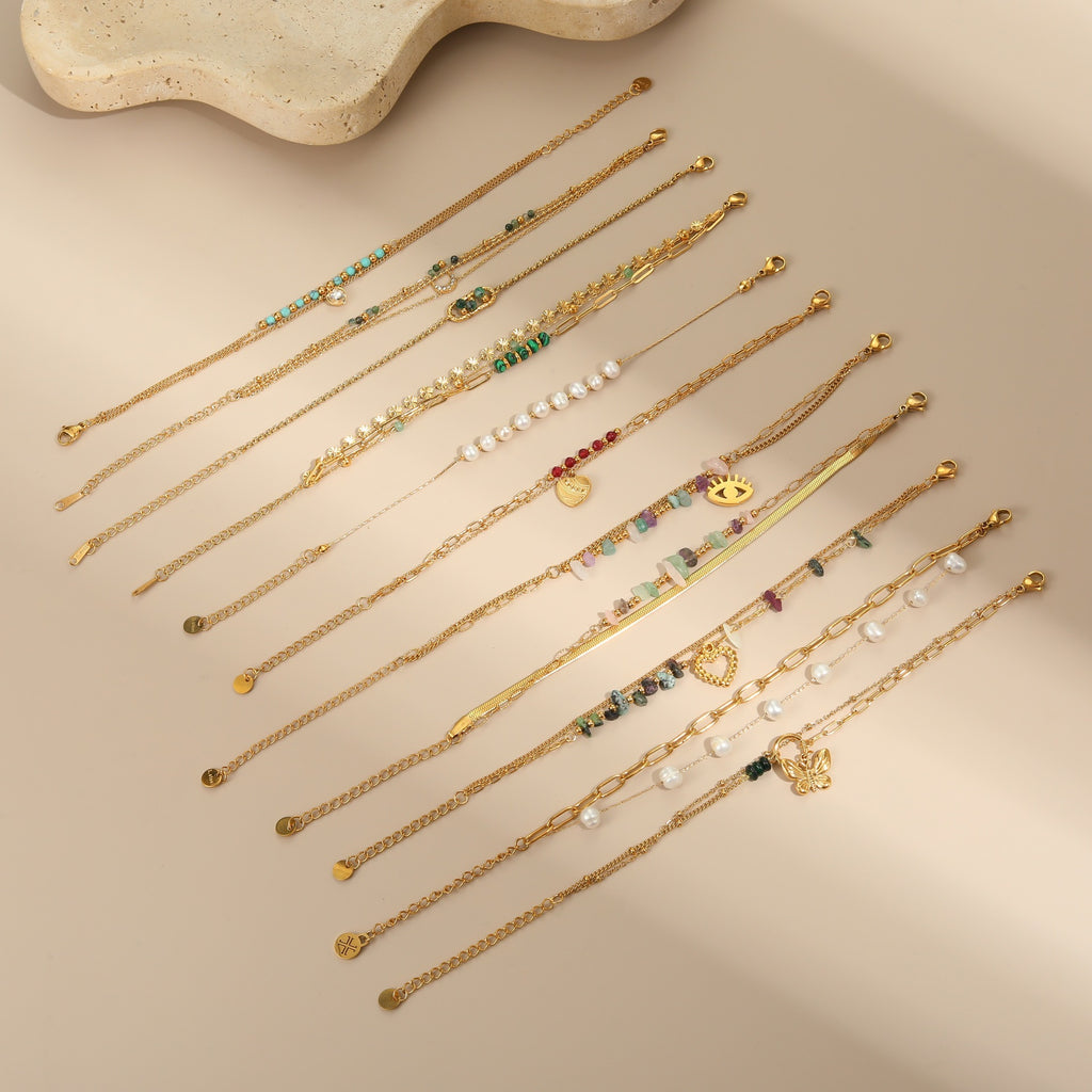 Stainless Steel Bracelet with Natural Stones & Freshwater Pearls – Elegant Design