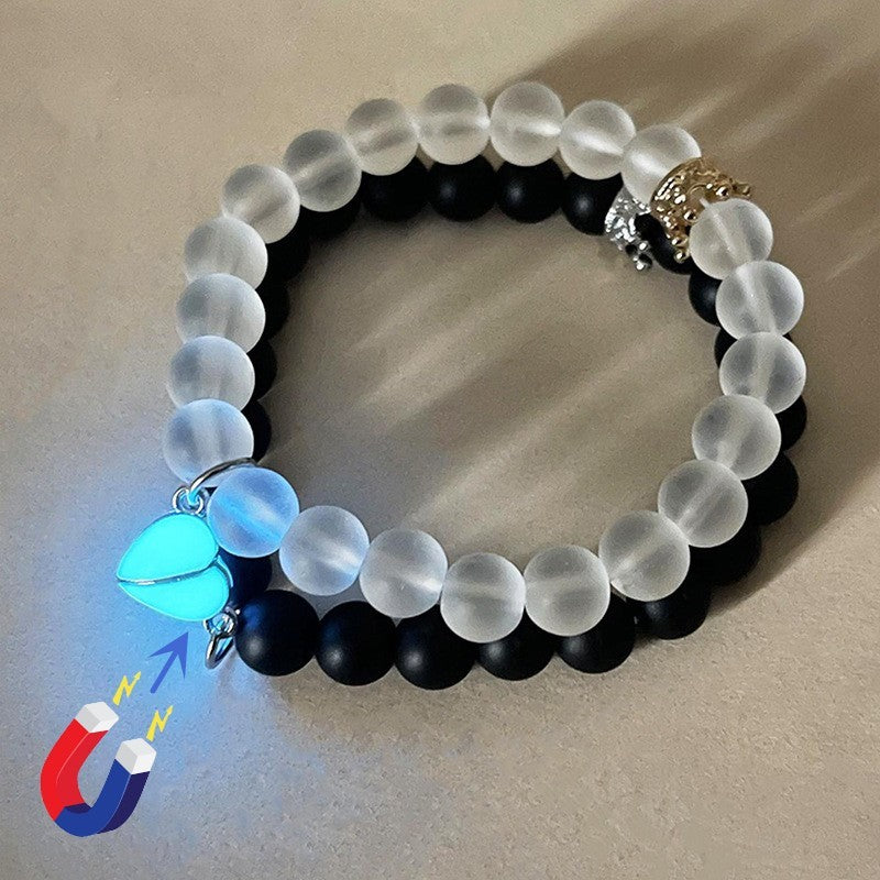 Handmade Glow-in-the-Dark Couple Bracelets – Heart & Crown Charms
