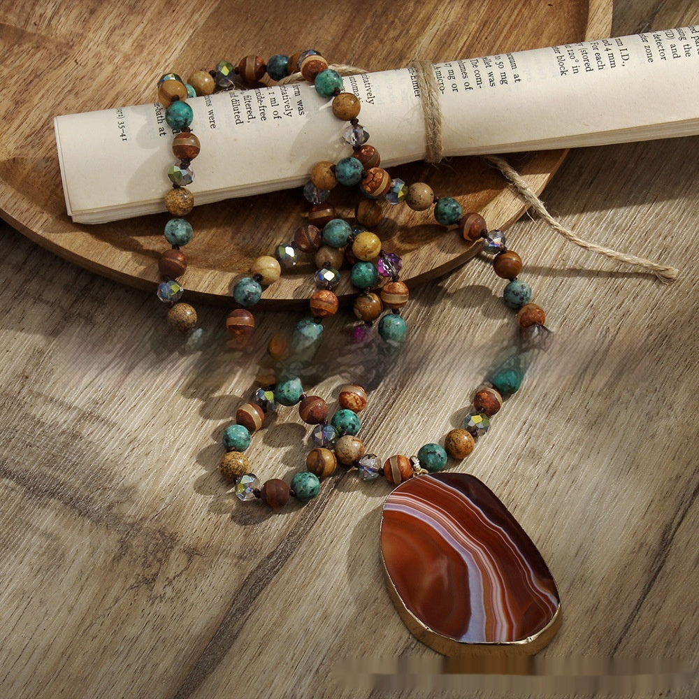 Bohemian 8mm Natural Stone Glass Knotted Necklace – Irregular Striped Agate Pendant