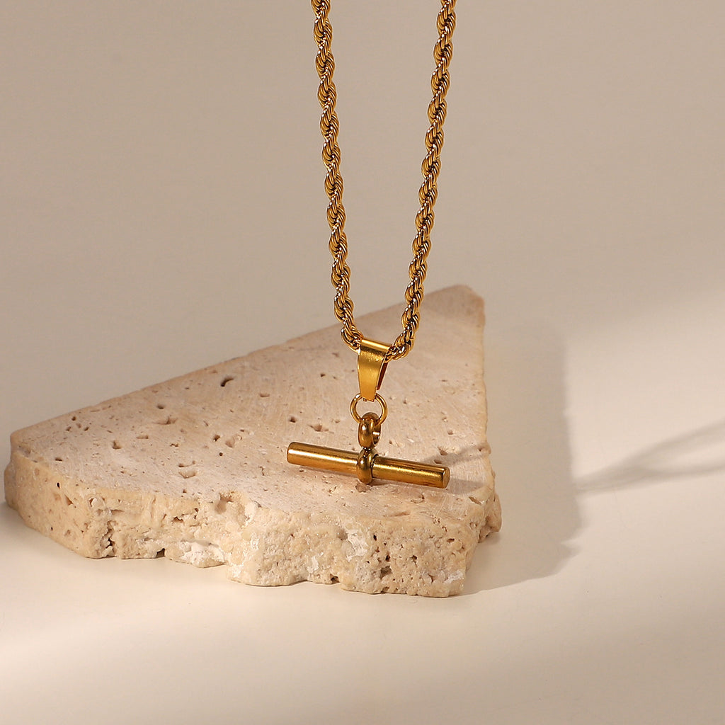 18K Gold T-Bar Pendant Rope Chain Necklace – Punk Hip Hop Stainless Steel Jewellery