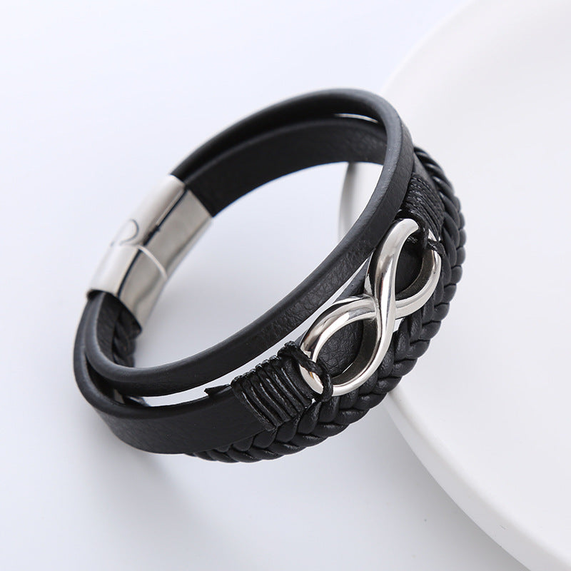 Twist Weave Infinite Symbol Number Shape Bracelet – Retro PU Leather for Men