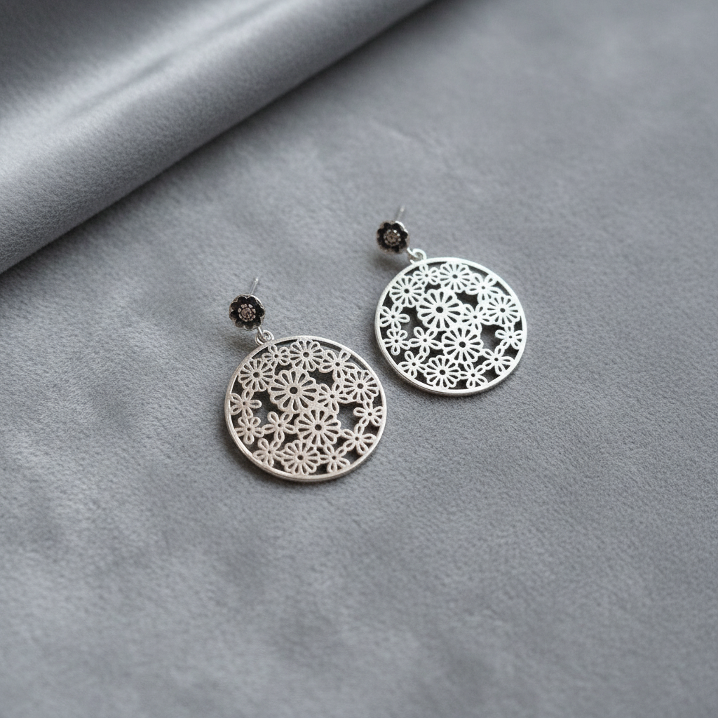 Filigree Earrings on Grey Velvet
