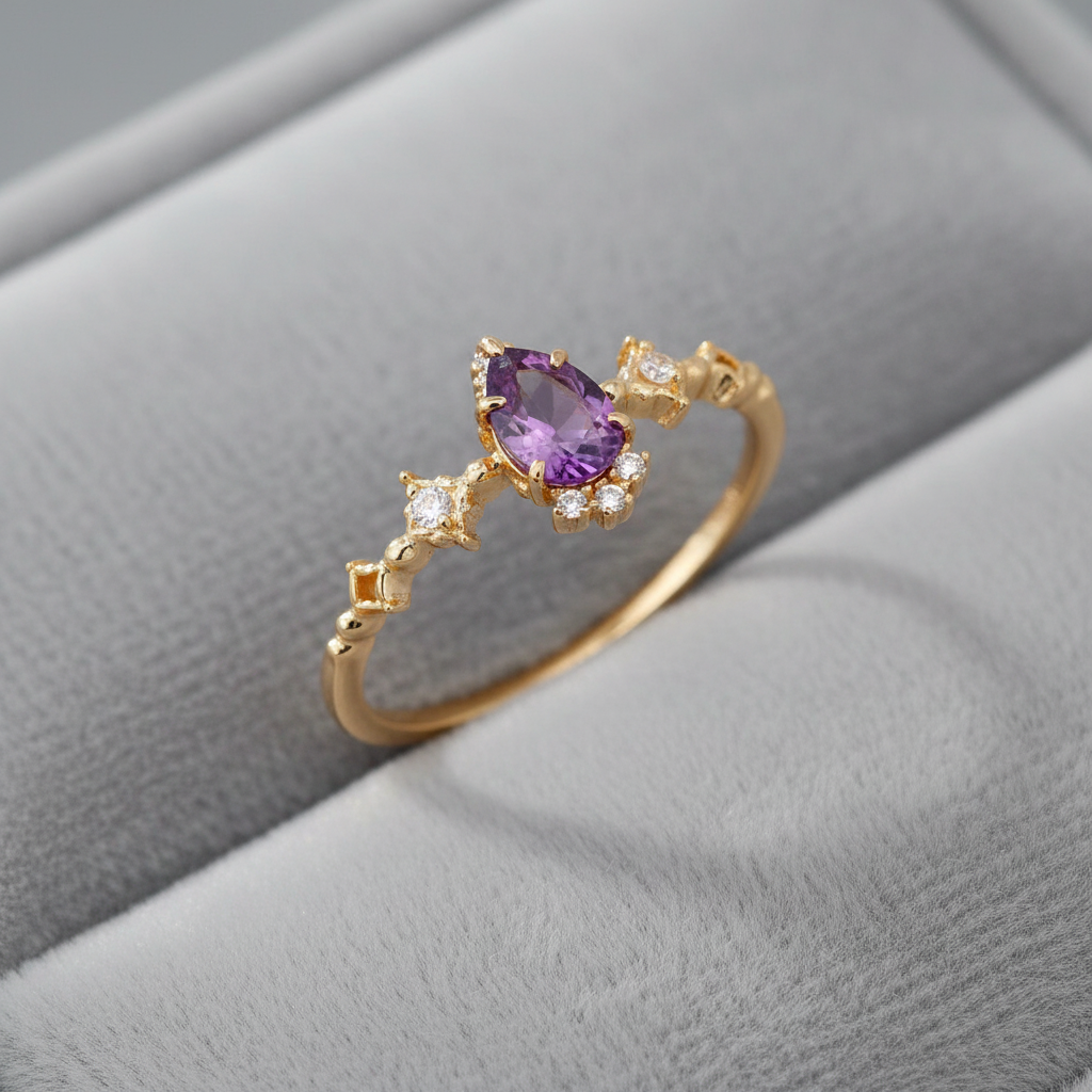 Gold Amethyst Ring on Grey Velvet