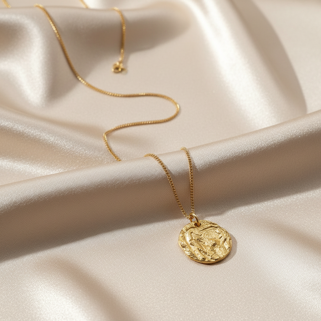 Gold Coin Necklace on Champagne Silk