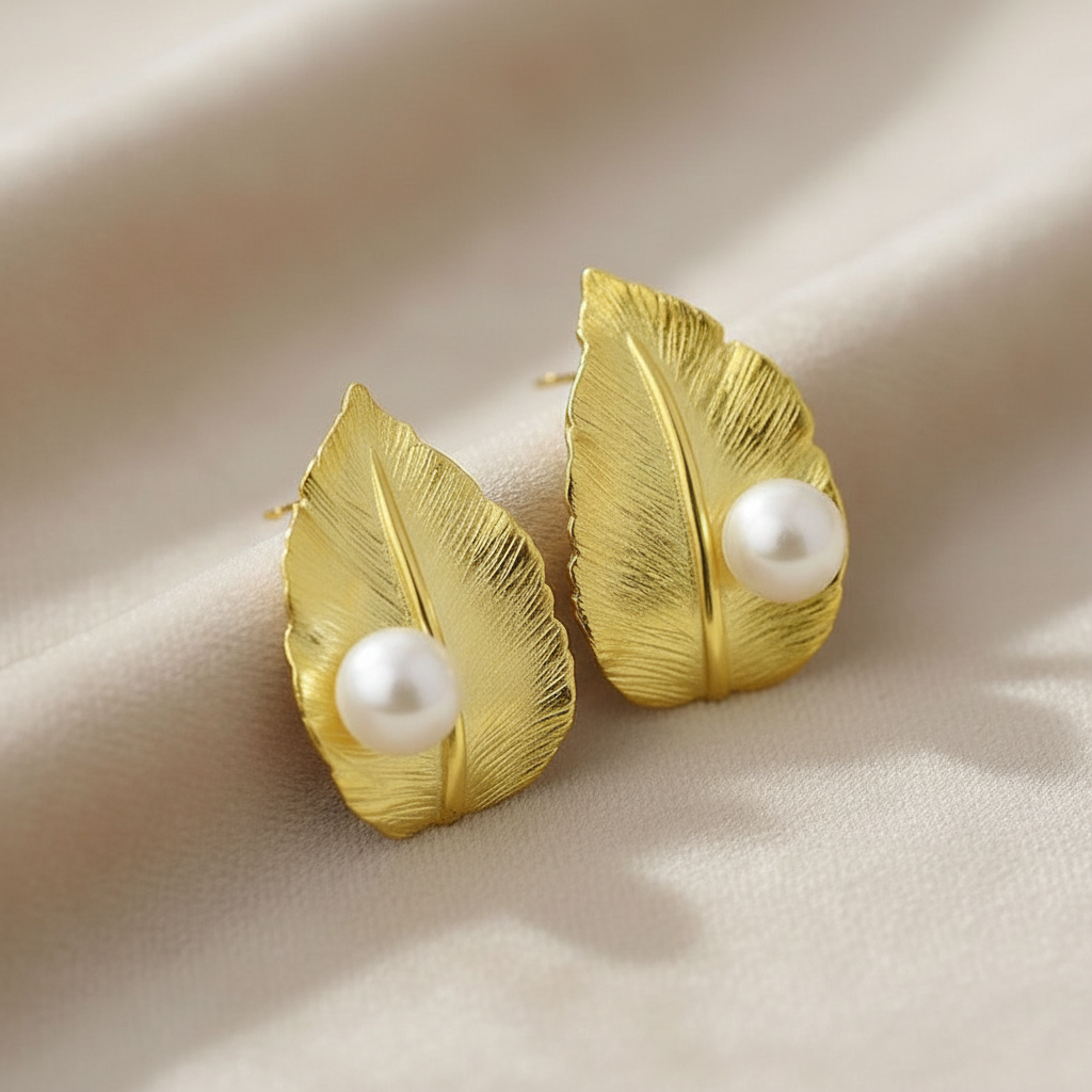 Gold Leaf Earrings on Champagne Velvet