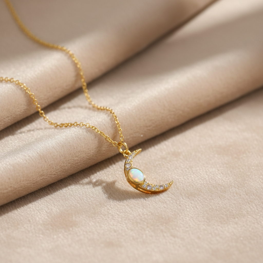 Gold Moon Necklace on Champagne Velvet