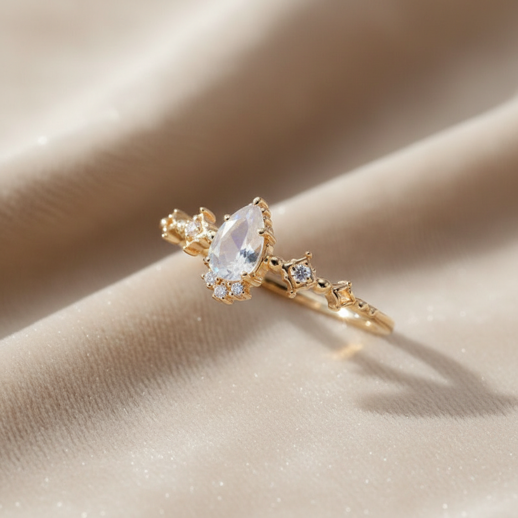 Gold Moonstone Ring on Champagne Velvet