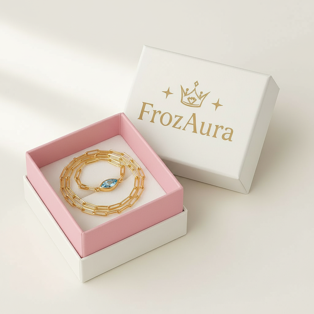 Gold paperclip necklace in box