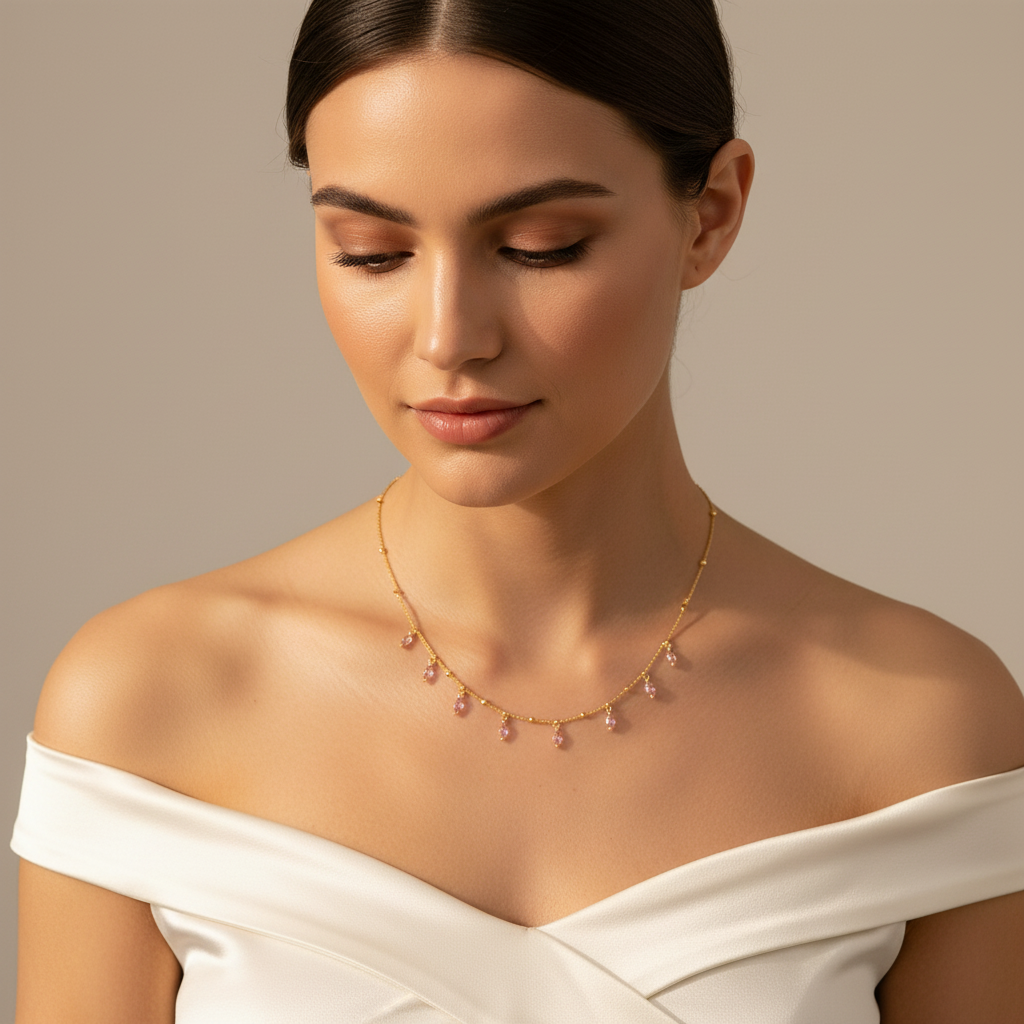 Gold pink crystal necklace - looking down