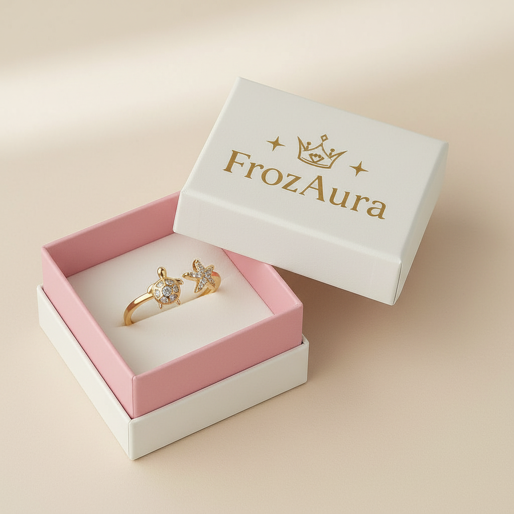 Gold turtle and starfish ring in FrozAura box