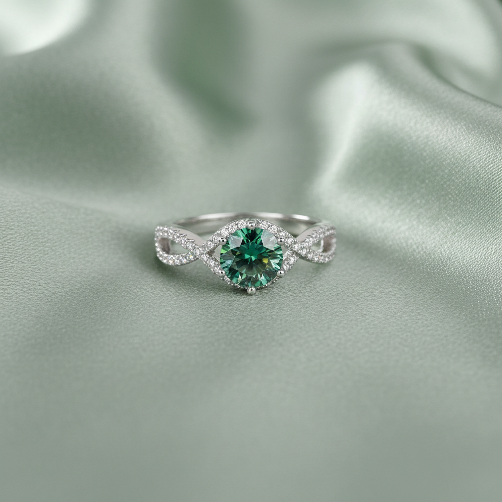 Green Infinity Ring on Sage Silk