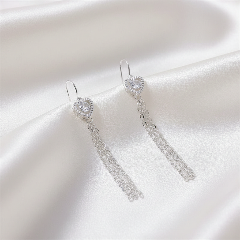 Heart Tassel Earrings on Cream Silk