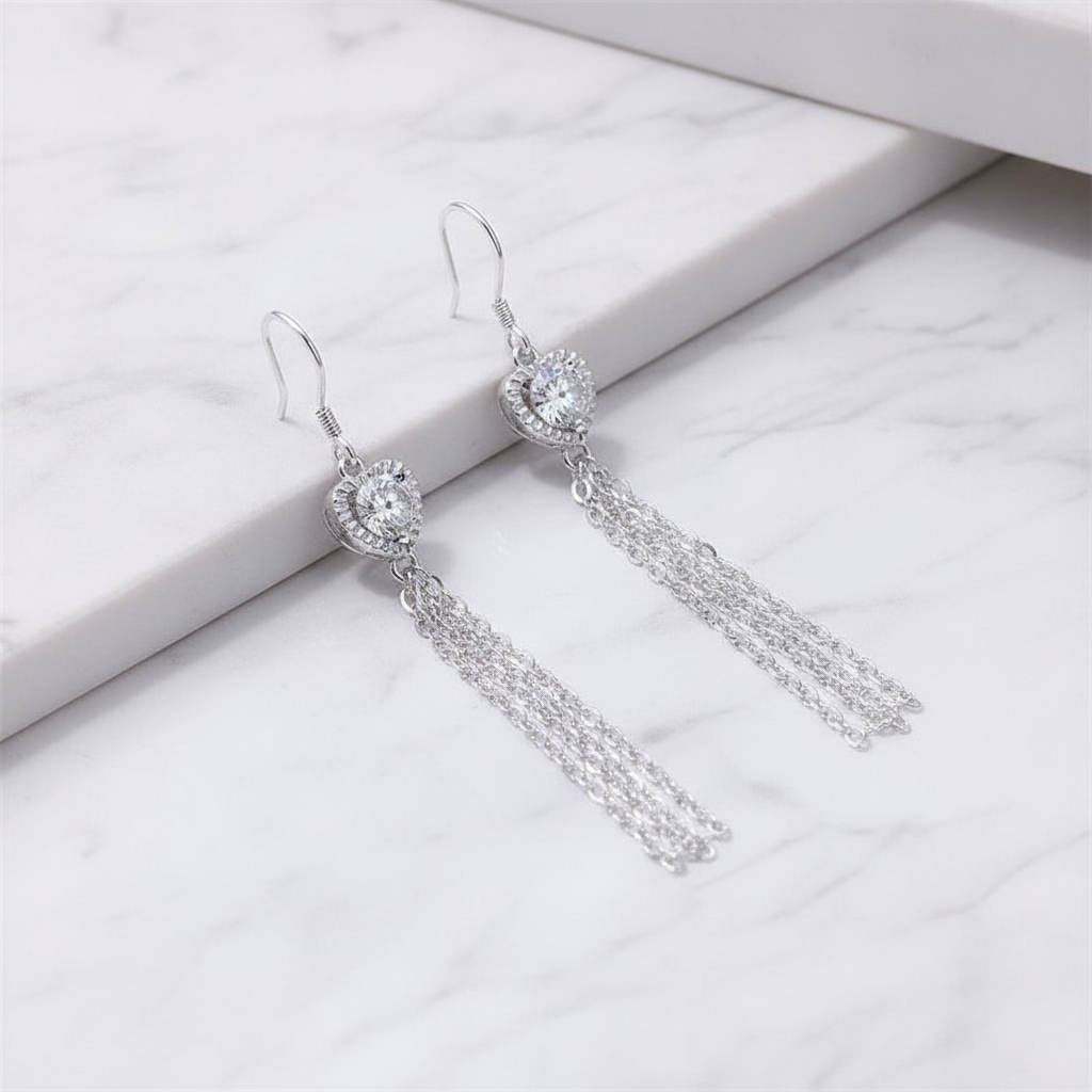 Heart Tassel Earrings on White Marble