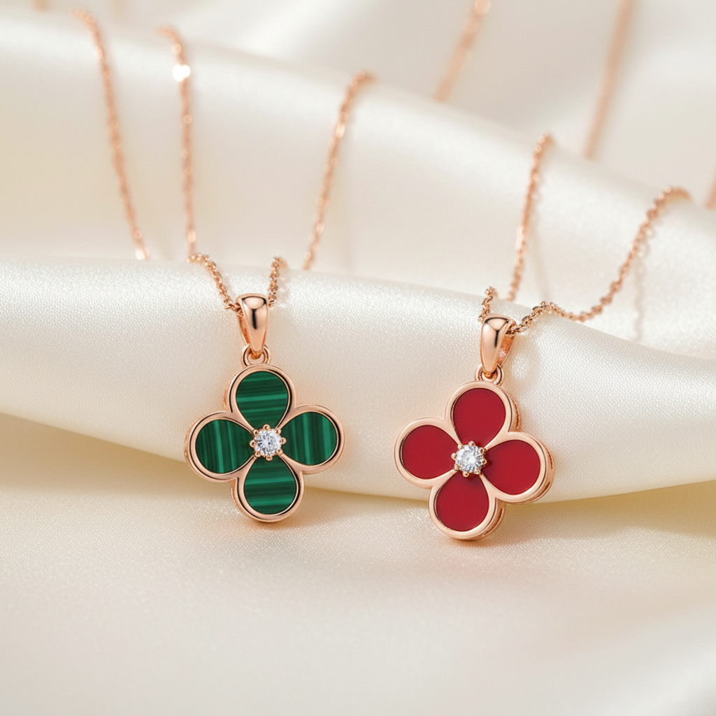 Malachite and Red Enamel Clover Necklaces on Cream Silk