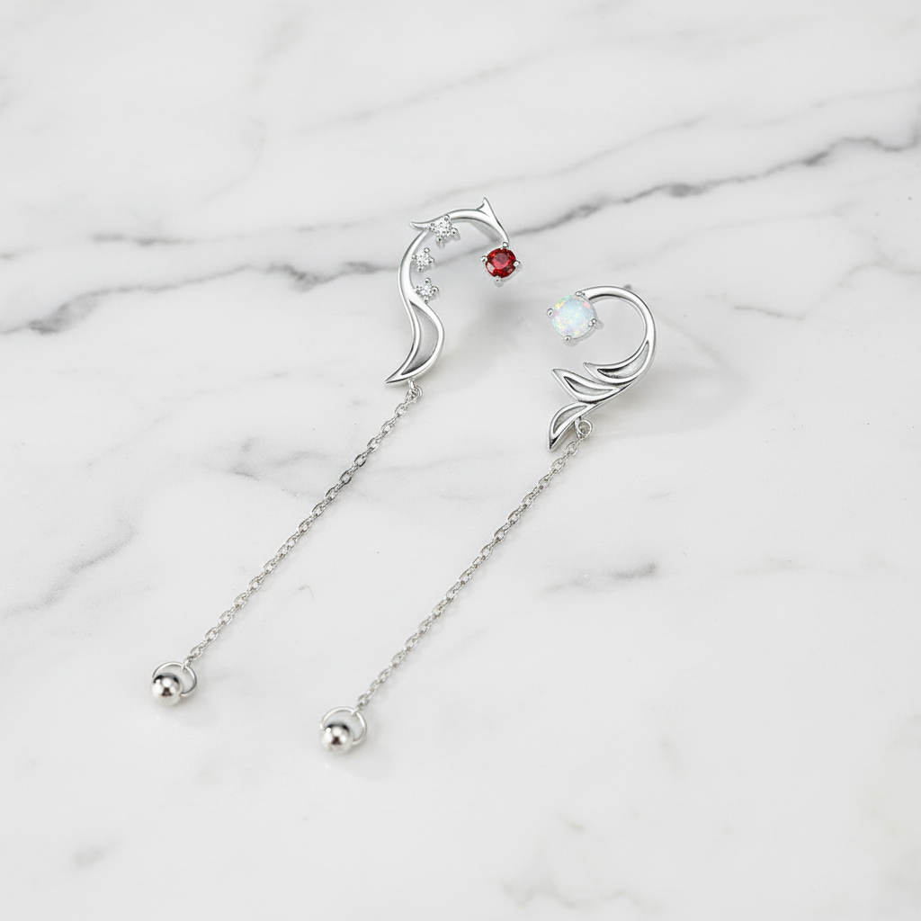 Mermaid Moon Earrings on White Marble