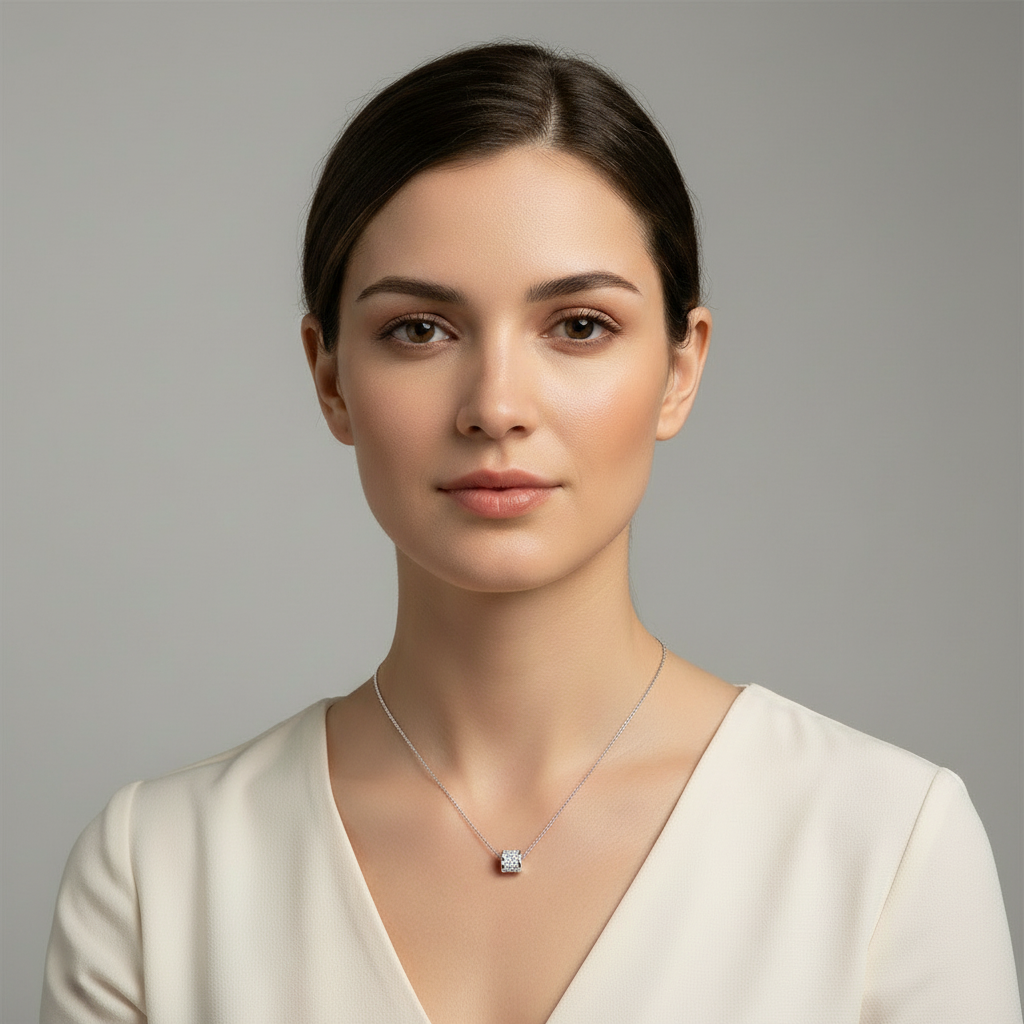 Model Wearing Barrel Necklace Close-Up