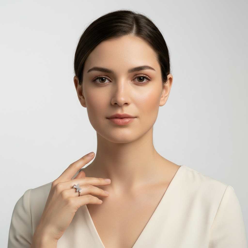 Model Wearing Double Butterfly Ring