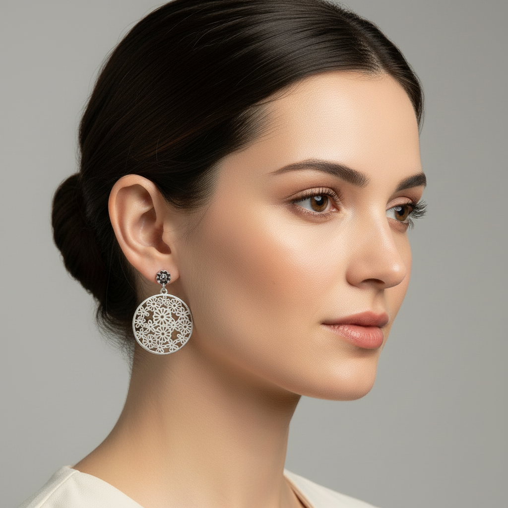 Model Wearing Earrings Side Profile