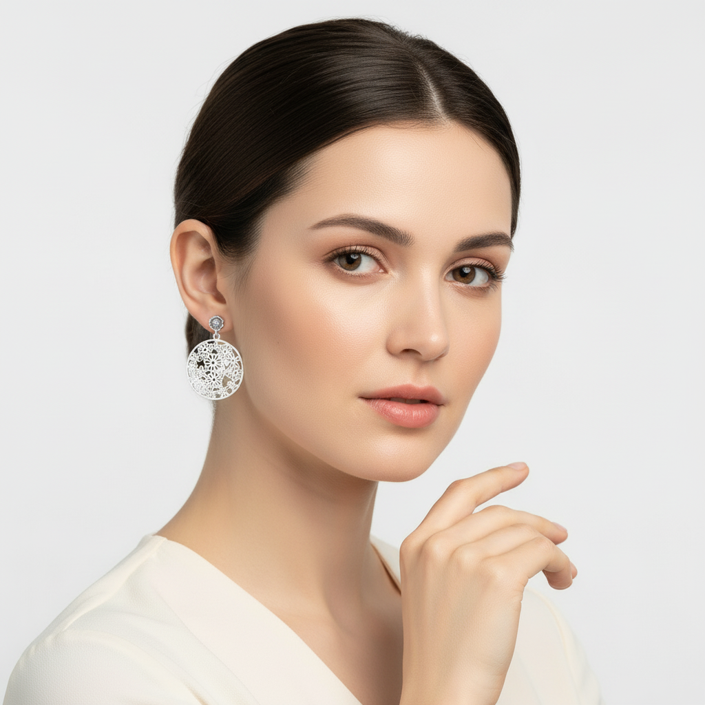 Model Wearing Filigree Earrings
