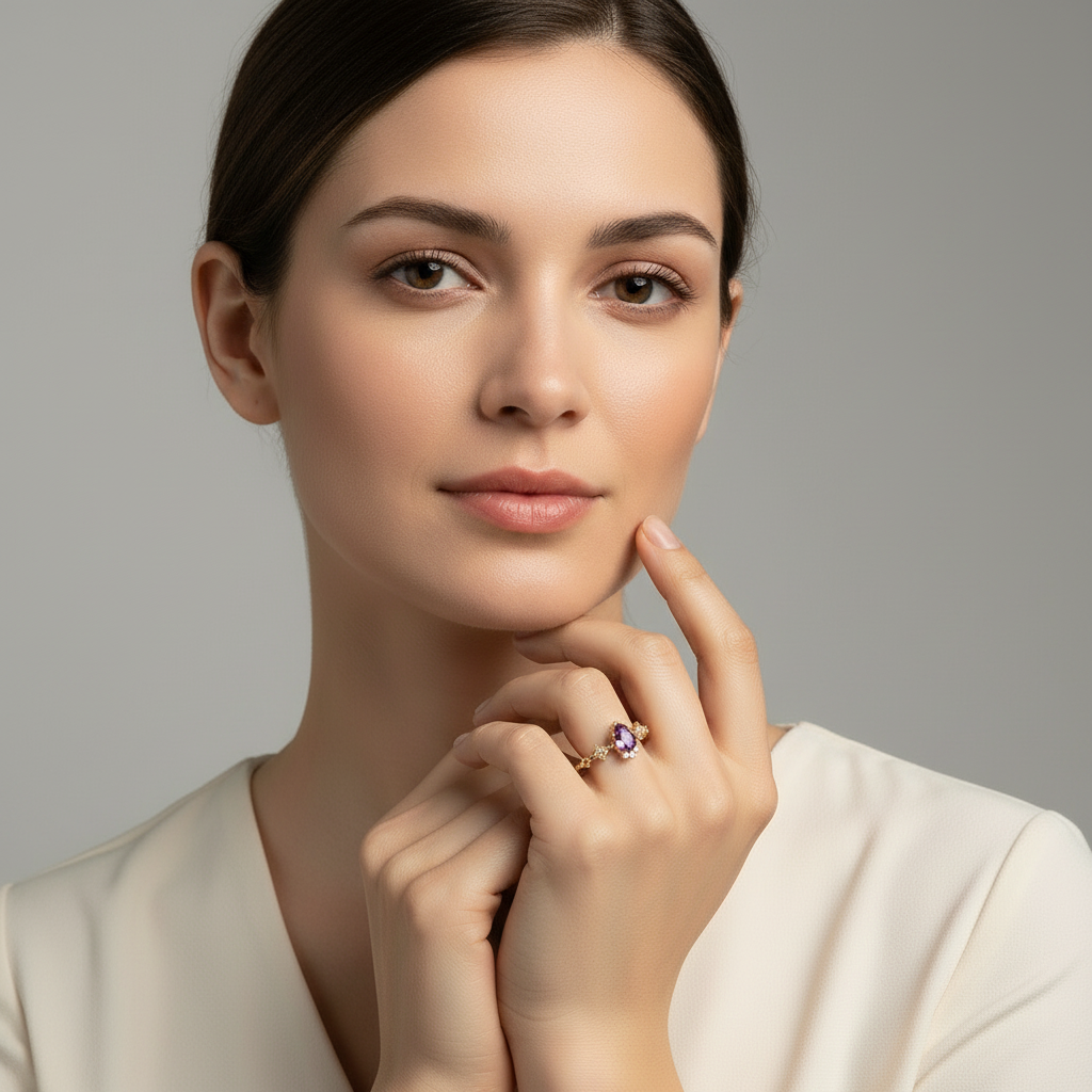 Model Wearing Gold Amethyst Ring Close-Up
