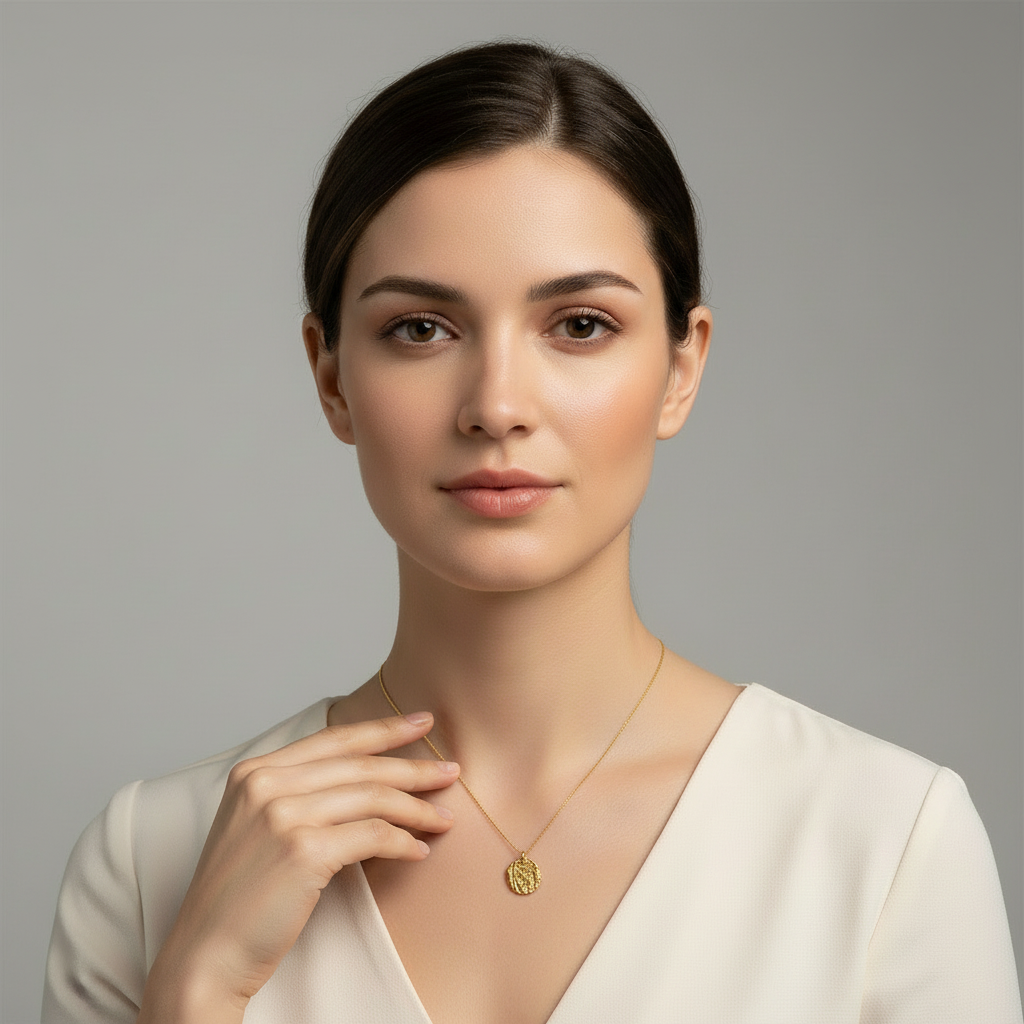 Model Wearing Gold Coin Necklace