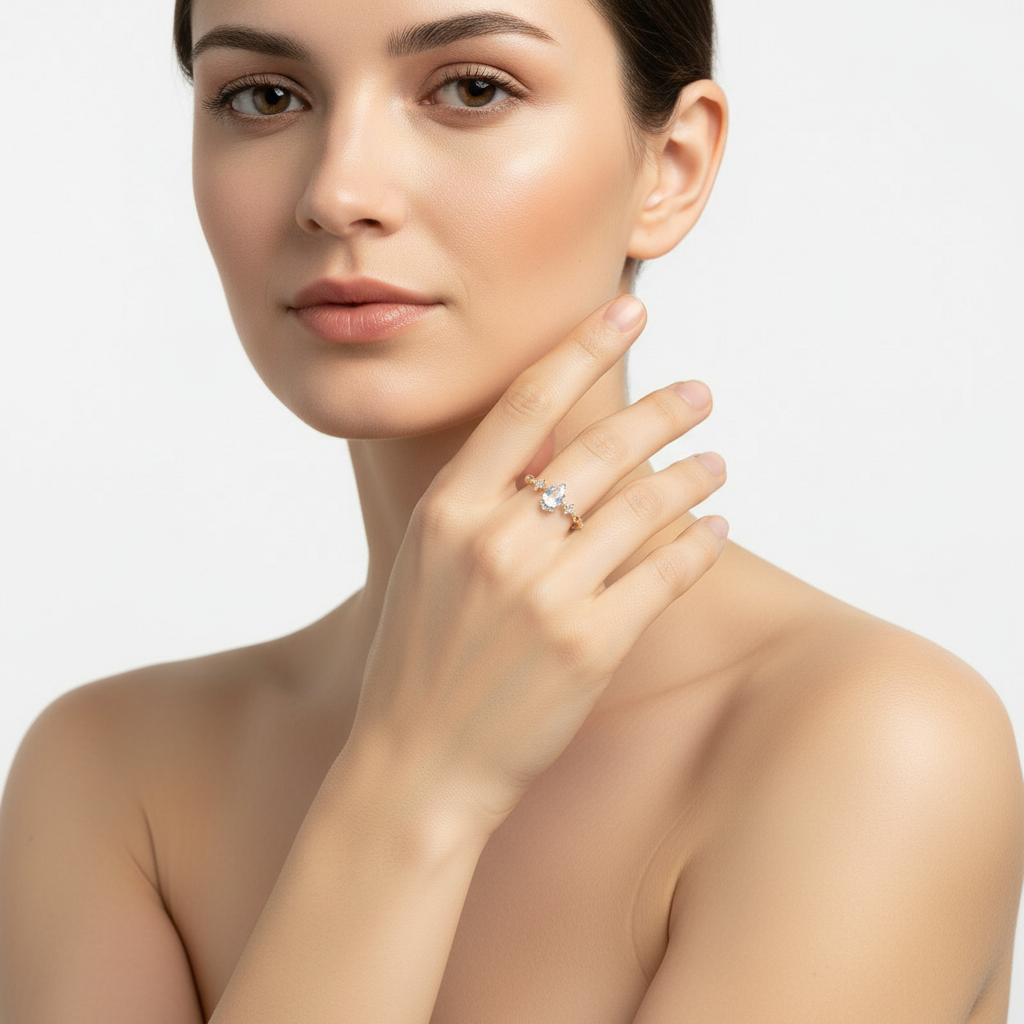 Model Wearing Gold Moonstone Ring