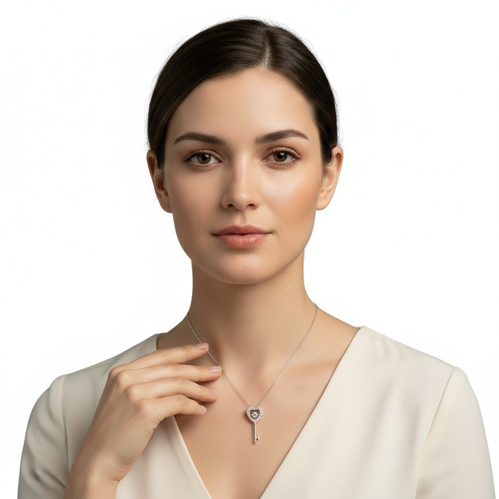 Model Wearing Heart Key Necklace