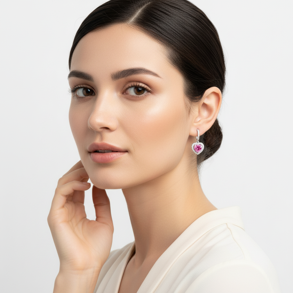 Model Wearing Pink Sapphire Heart Earrings