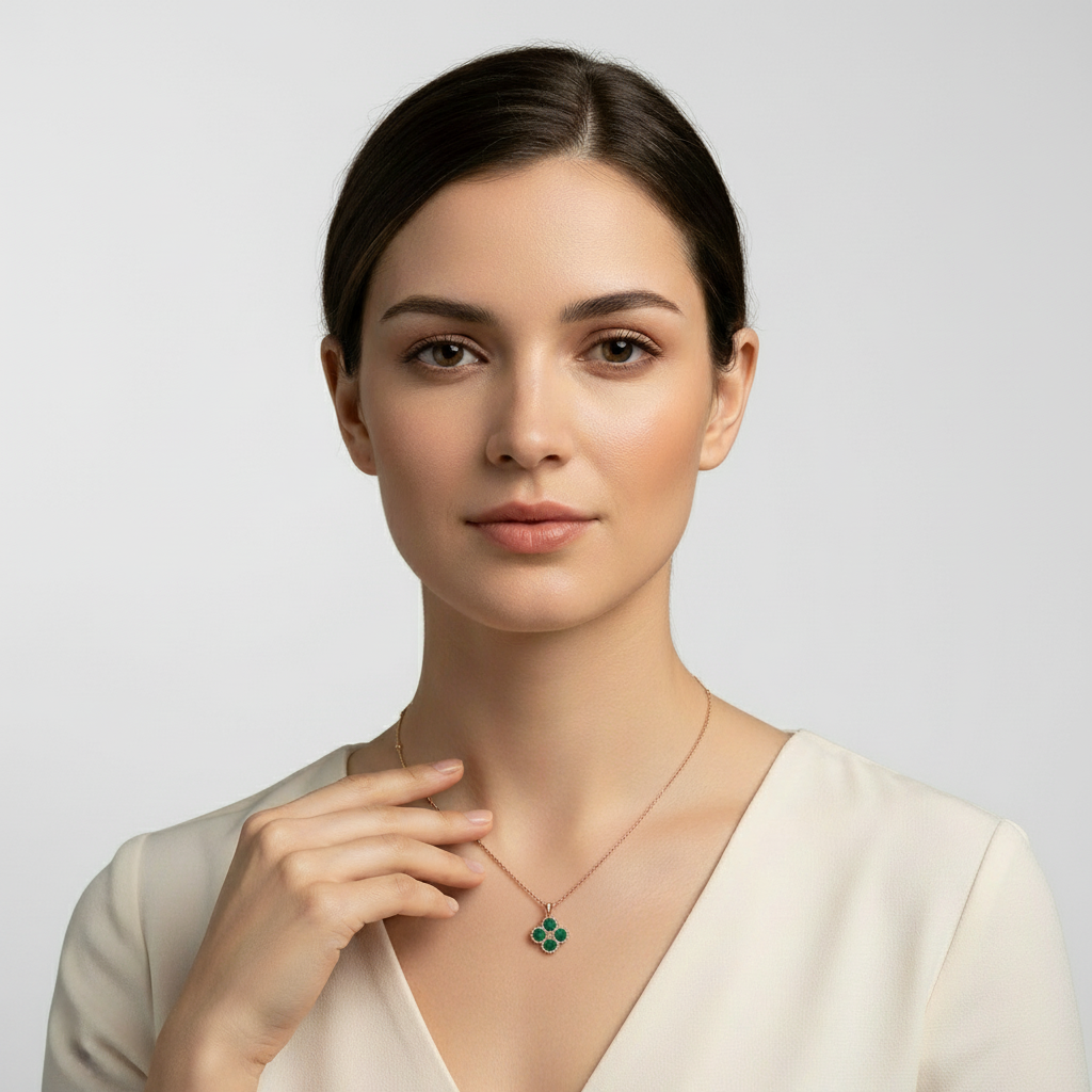 Model Wearing Rose Gold Malachite Clover Necklace
