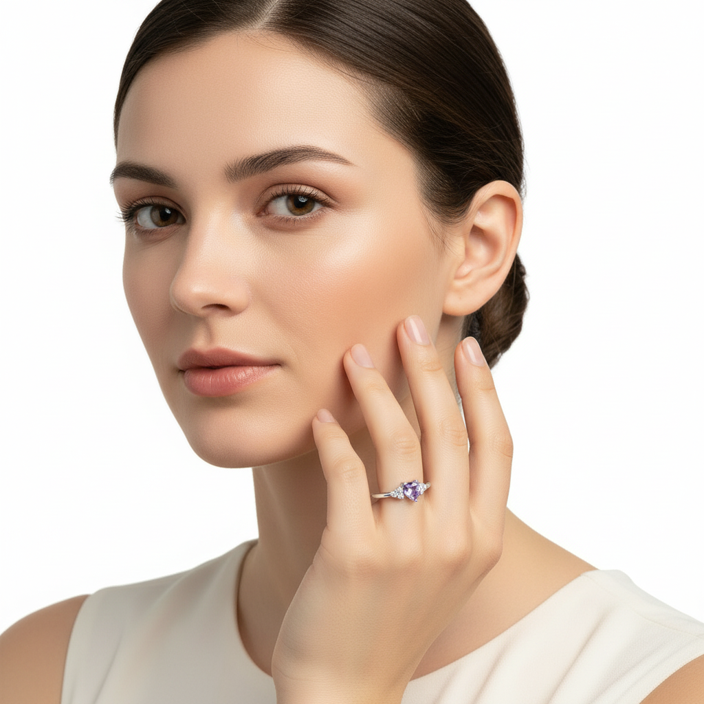 Model Wearing Silver Amethyst Heart Ring