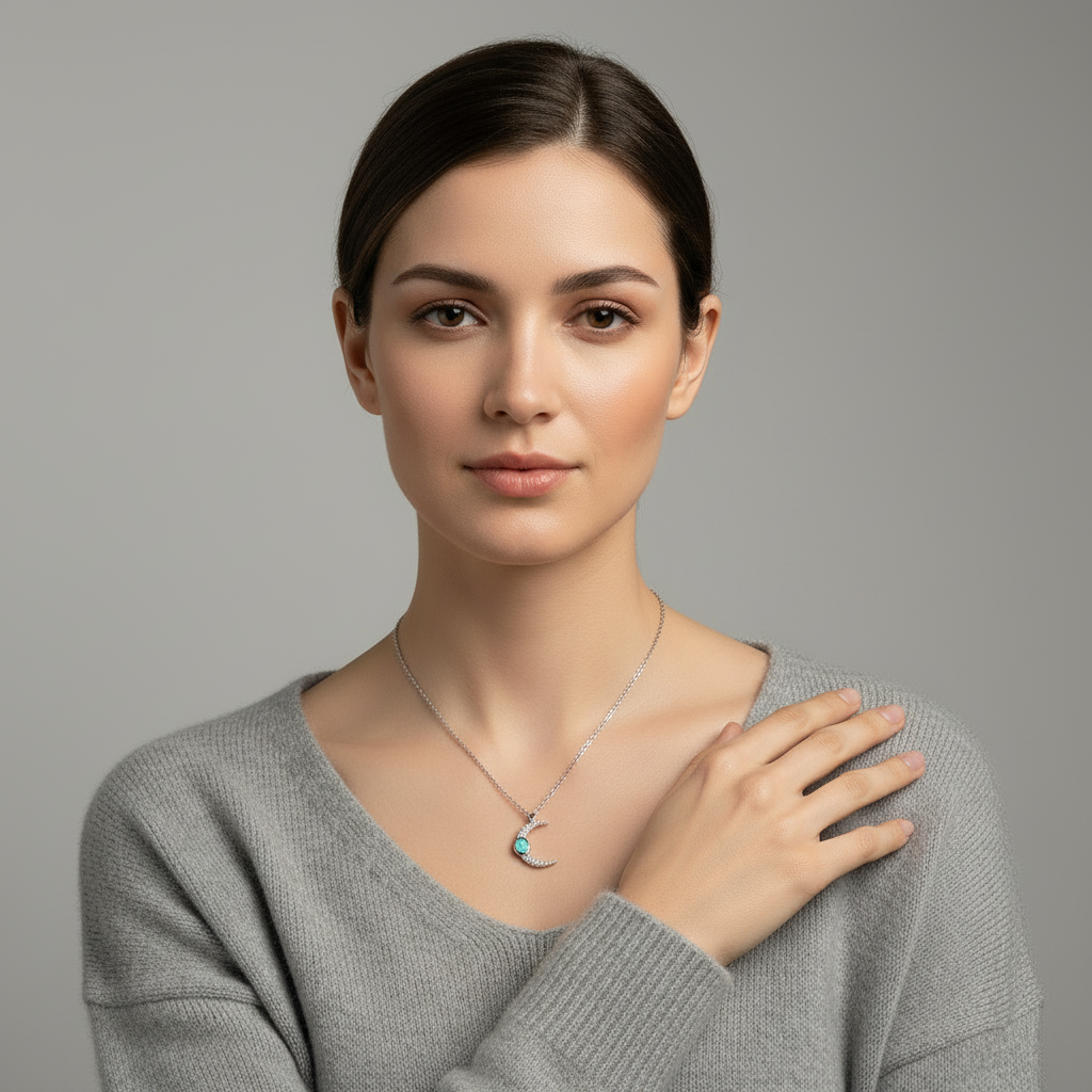 Model Wearing Silver Moon Necklace