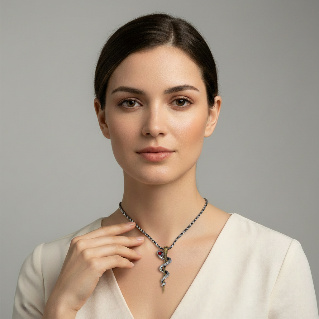 Model Wearing Snake Sword Necklace