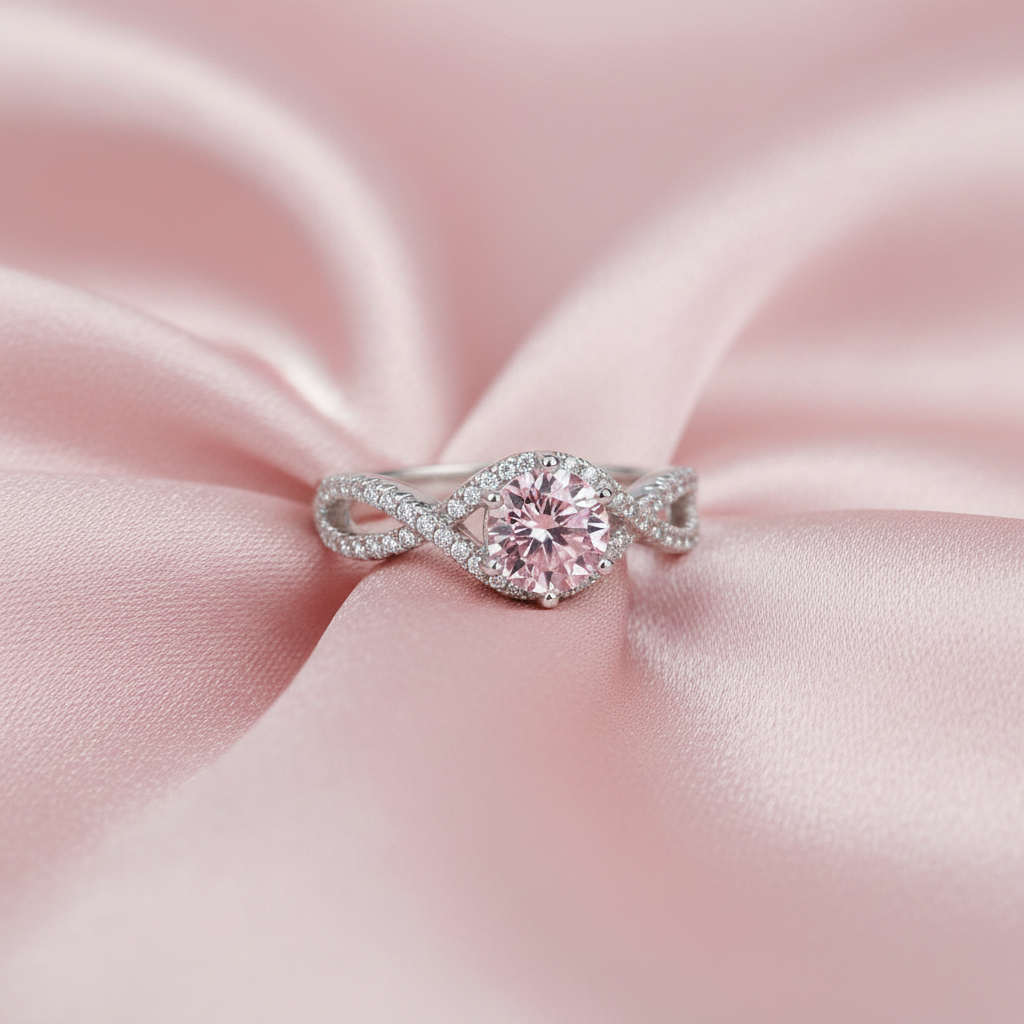 Pink Infinity Ring on Blush Silk