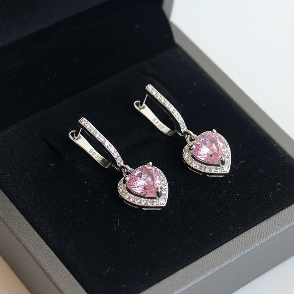 Pink Sapphire Heart Earrings on Black Velvet Box