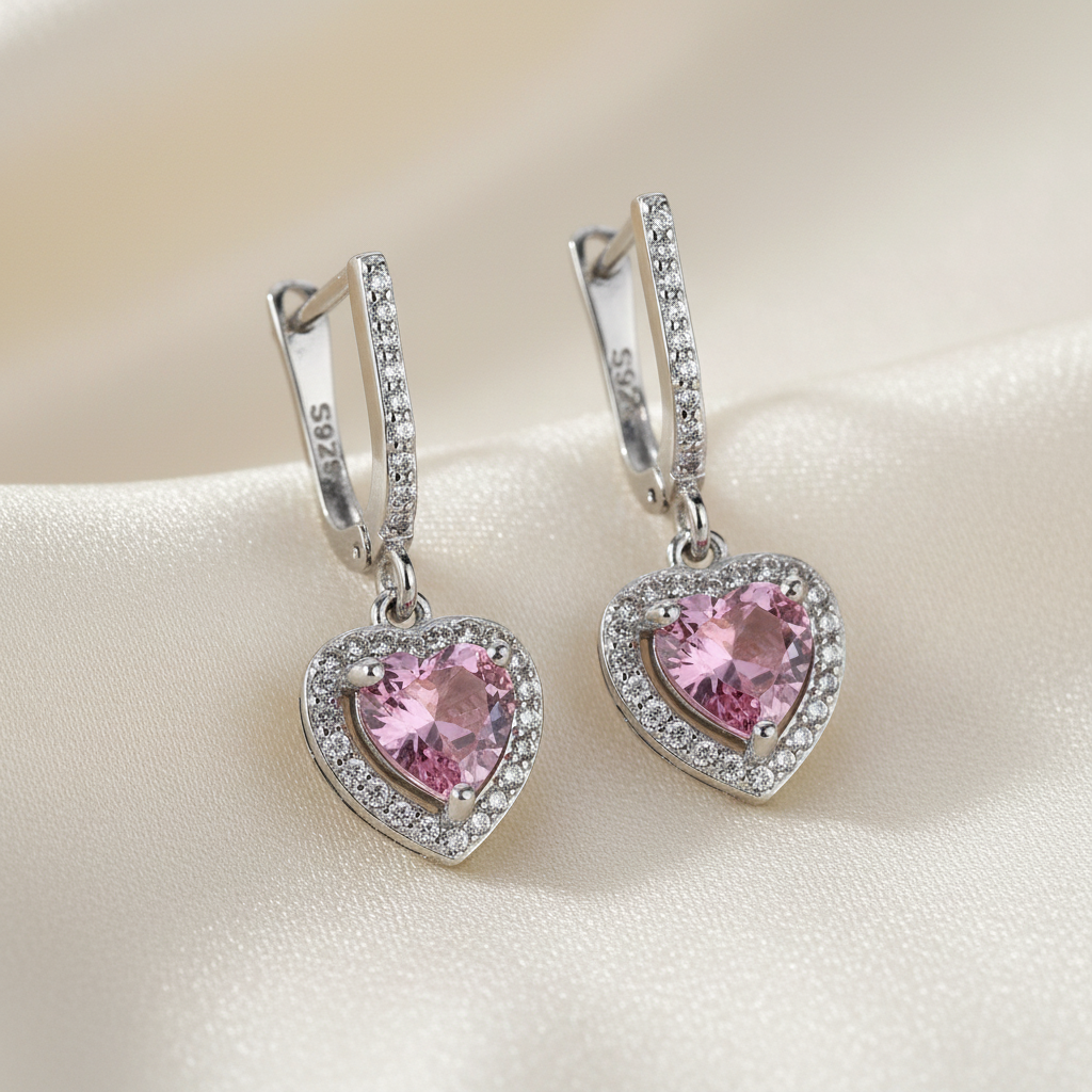 Pink Sapphire Heart Earrings on Cream Silk