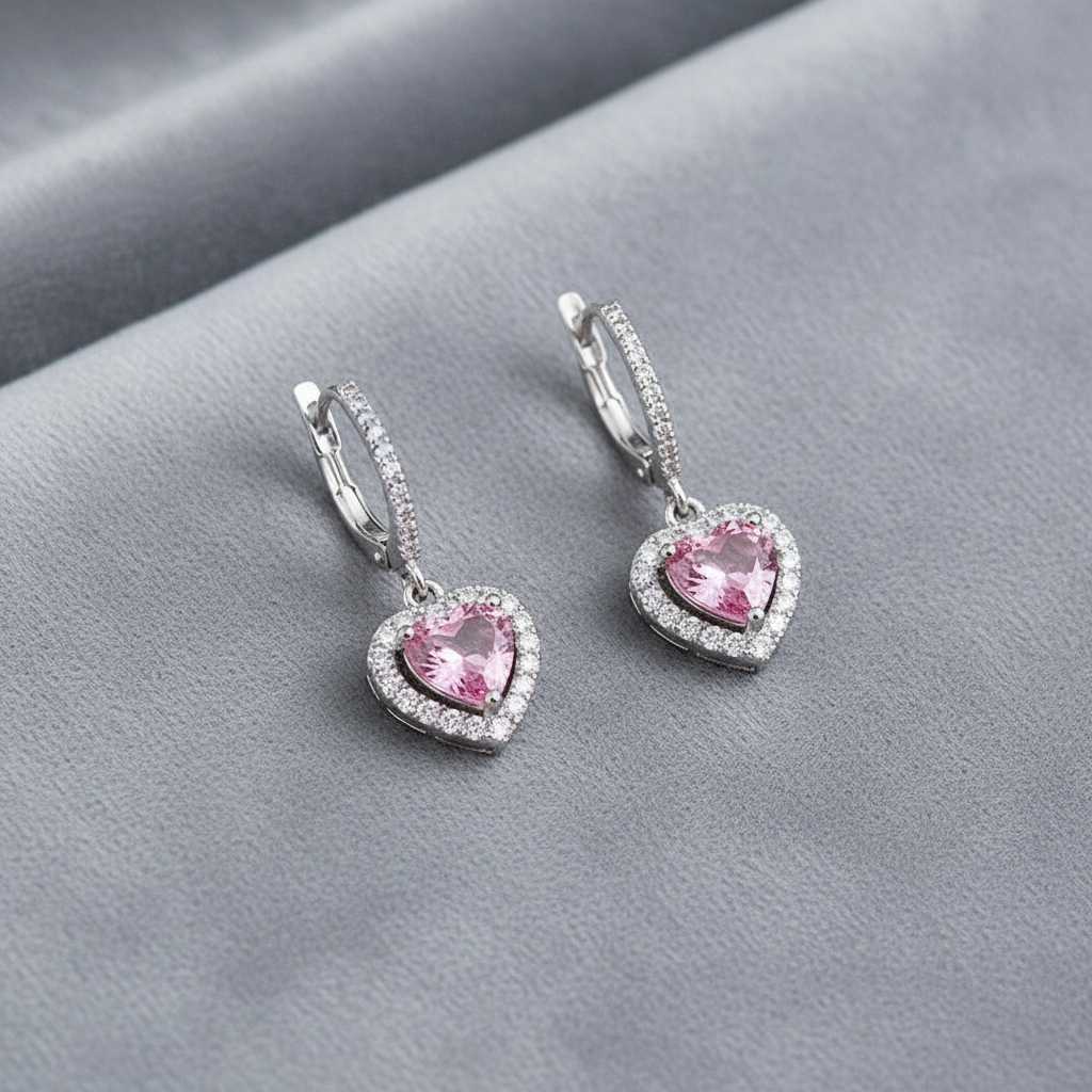 Pink Sapphire Heart Earrings on Grey Velvet