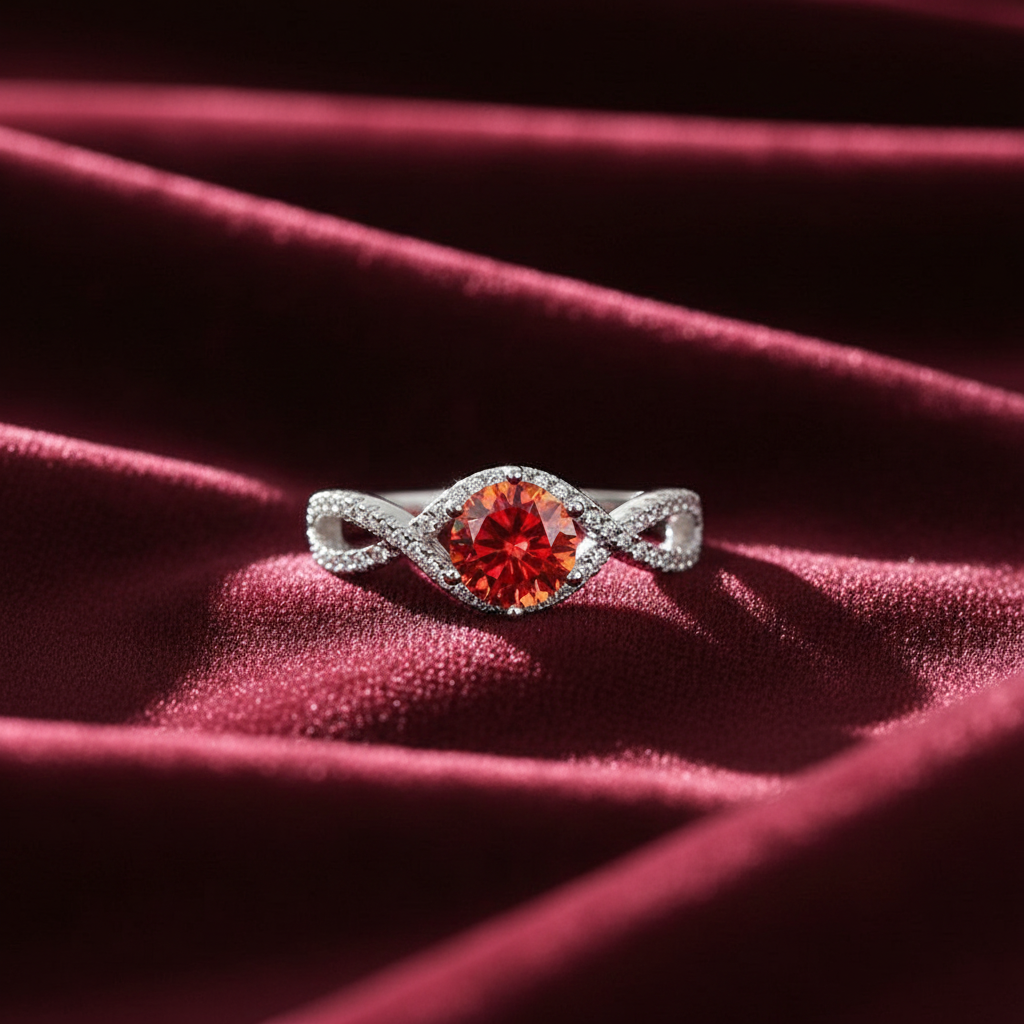 Red Infinity Ring on Burgundy Velvet
