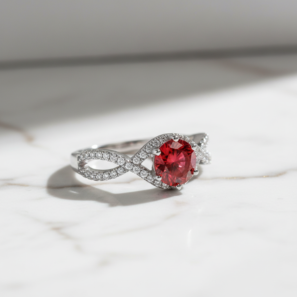 Red Infinity Ring on White Marble