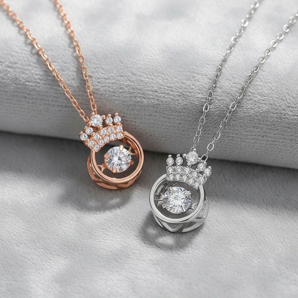 Rose Gold and Silver Crown Necklaces on Grey Velvet