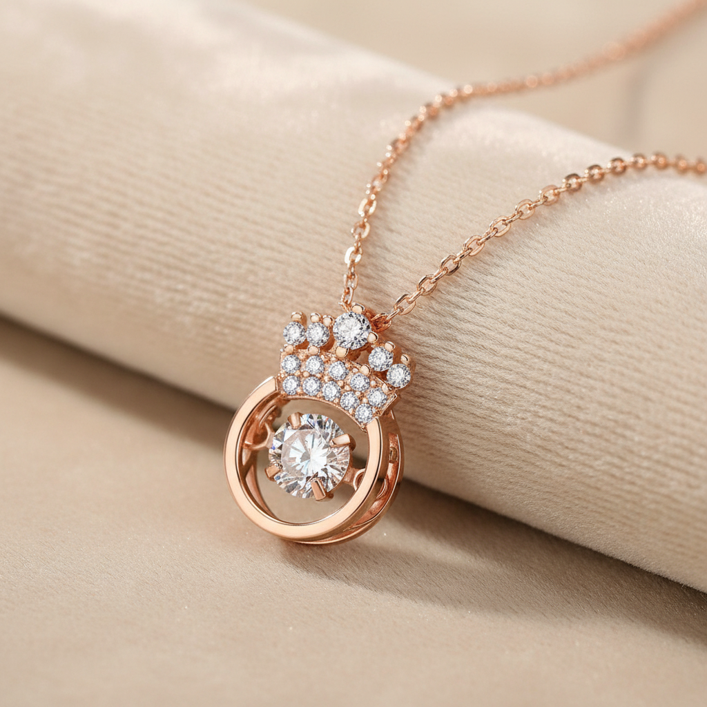 Rose Gold Crown Necklace on Champagne Velvet